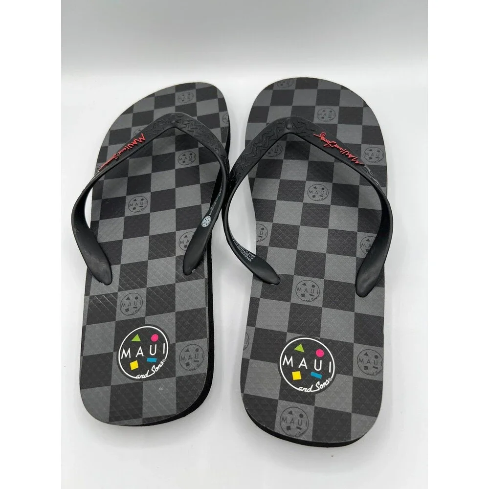 Maui and Sons Flip Flops Men Size 12 Black Checker Beach Sandals